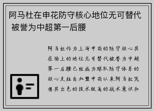 阿马杜在申花防守核心地位无可替代 被誉为中超第一后腰